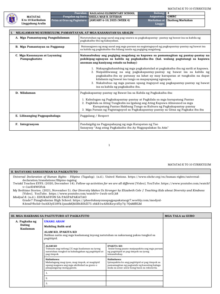 DLL Matatag - GMRC 4 q3 w4 | PDF