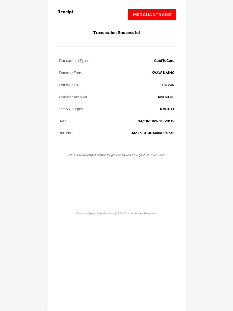 MerchantradeMoney Receipt M225101404000006730 | PDF