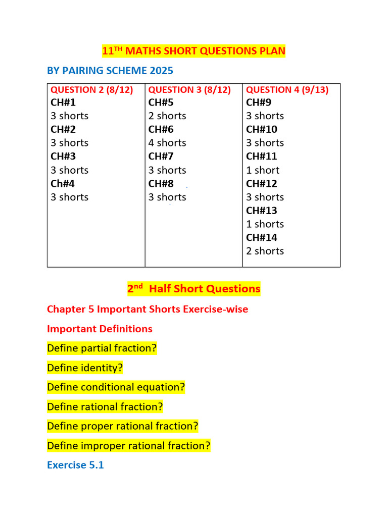 11th Grade Maths Short Questions Guide | PDF | Rational Number | Algebra