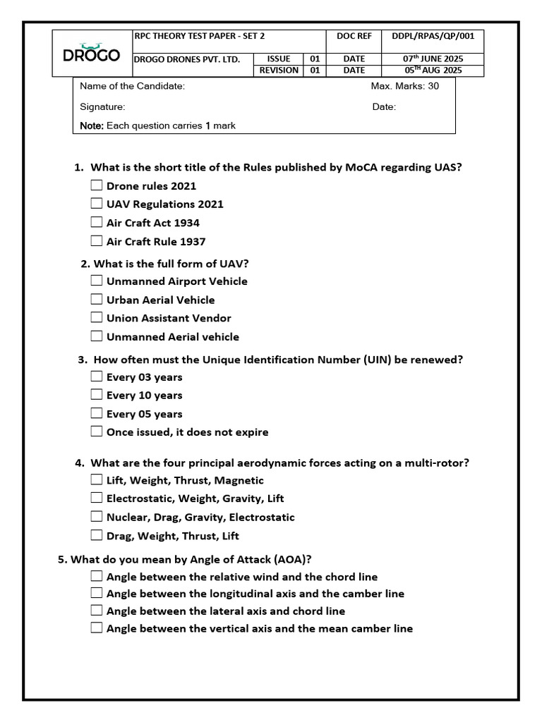 RPC Theory Test Paper for UAS | PDF | Unmanned Aerial Vehicle | Flight ...