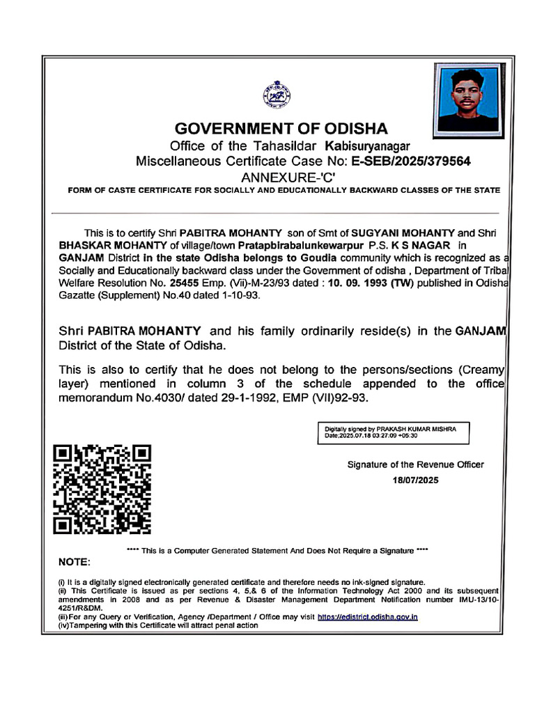 Caste Certificate for SEBC in Odisha | PDF