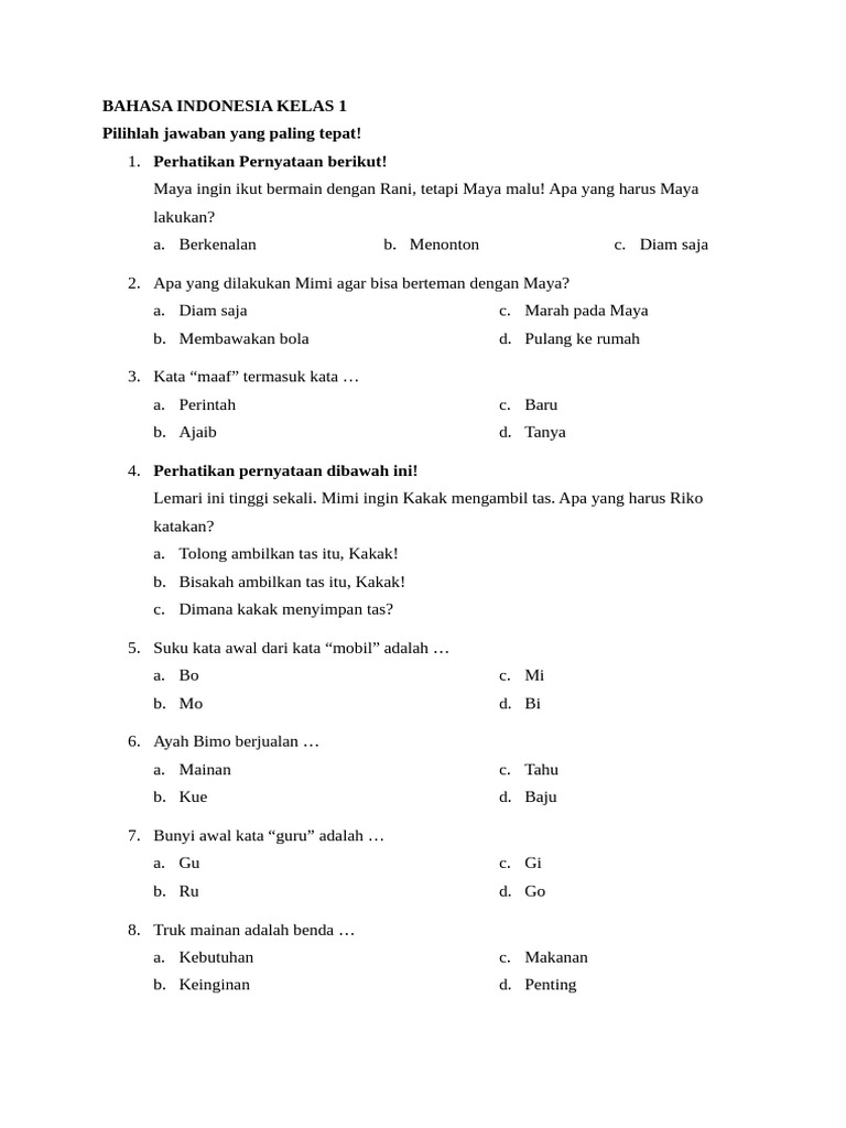 Soal Bahasa Indonesia Kelas 1 dan Seni Rupa | PDF