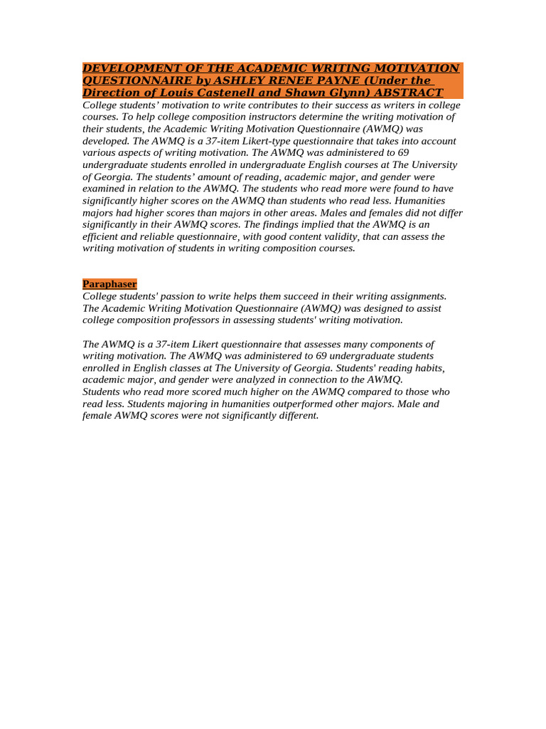 Development of The Academic Writing Motivation Que | PDF