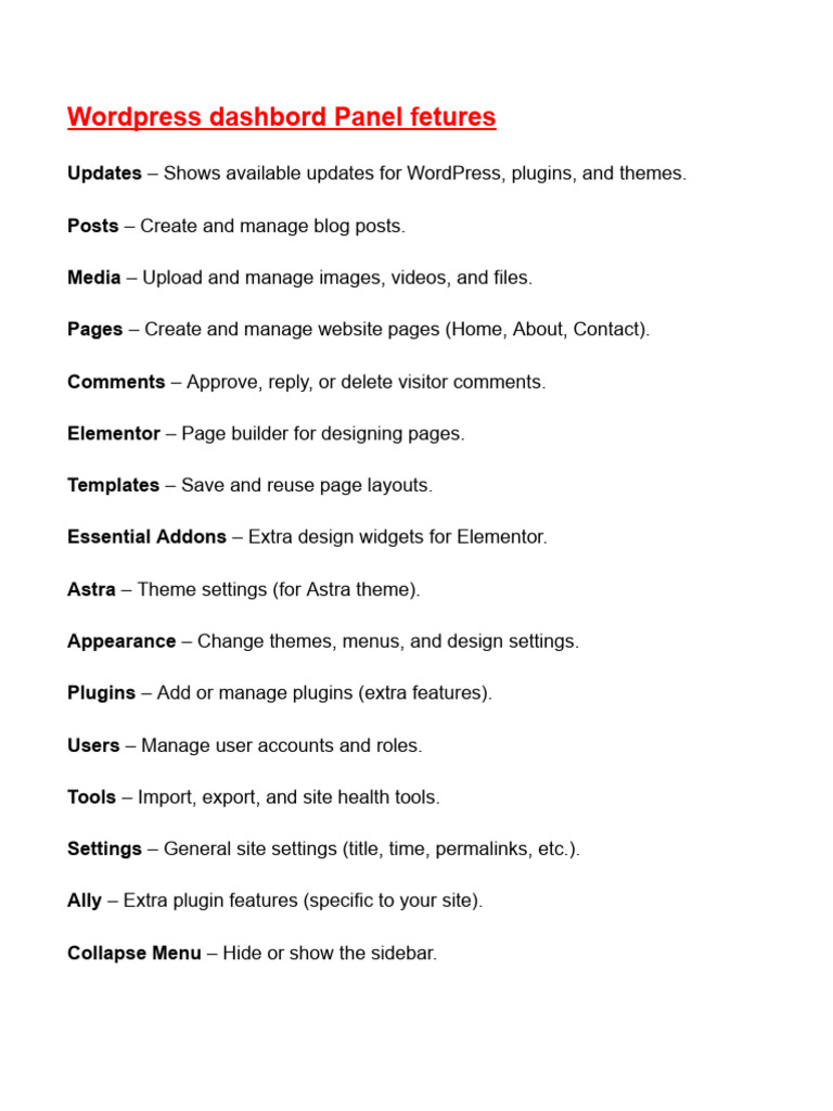 WordPress Dashboard Features Overview | PDF