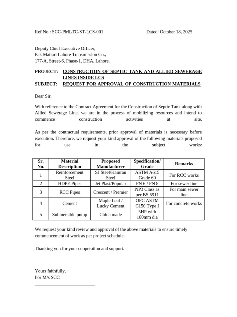 Material Approval Request Septic Tank | PDF