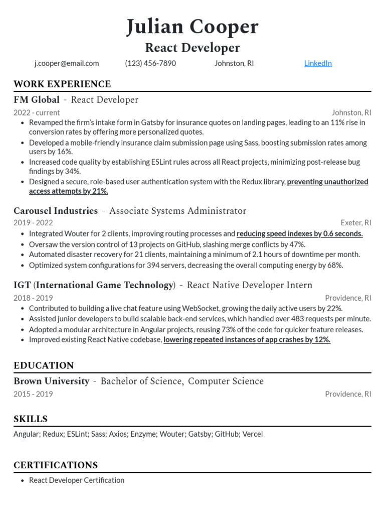 React Developer 4 Resume Example | PDF