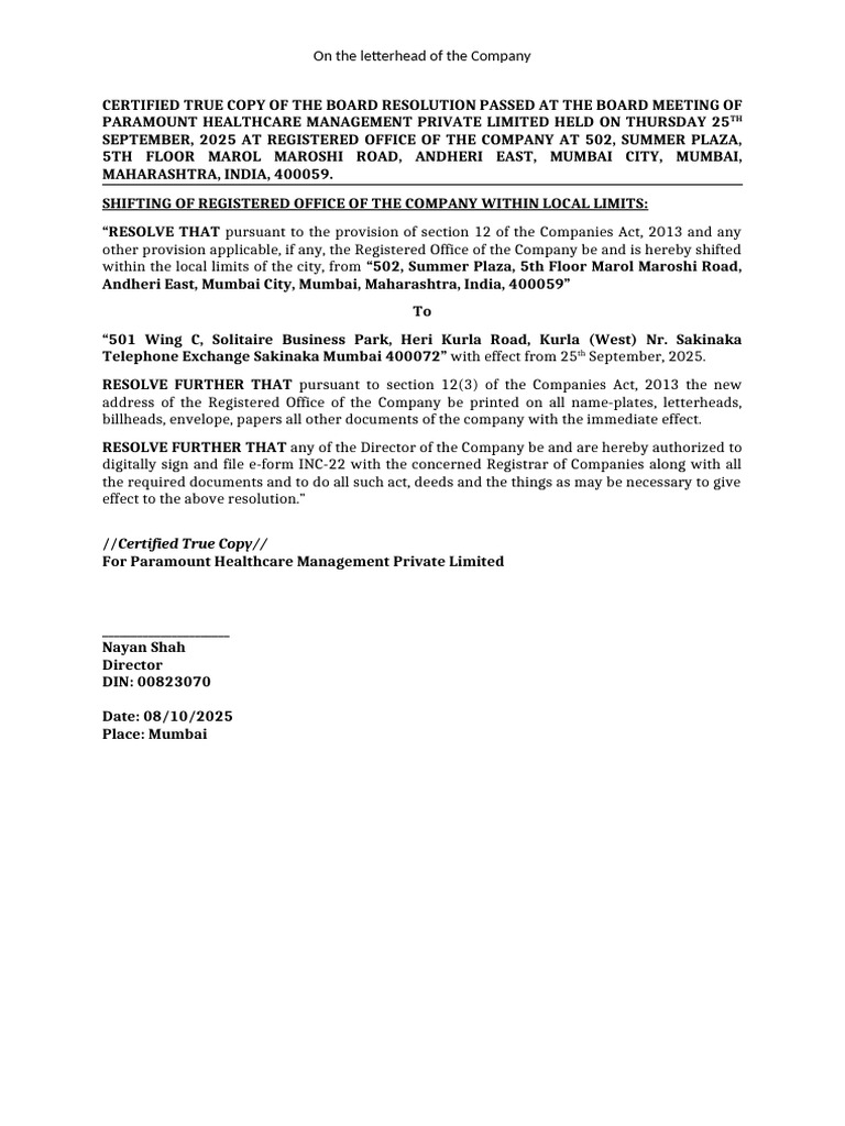 Board Resolution for Office Relocation | PDF