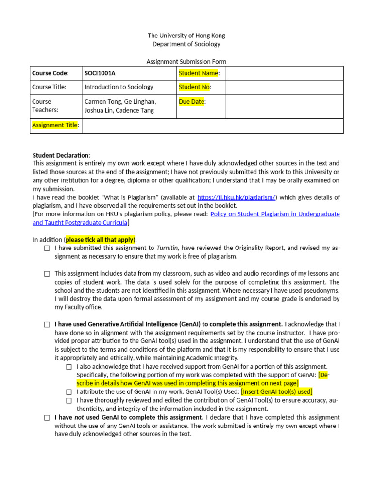 SOCI1001 Assignment Submission Form | PDF | Plagiarism
