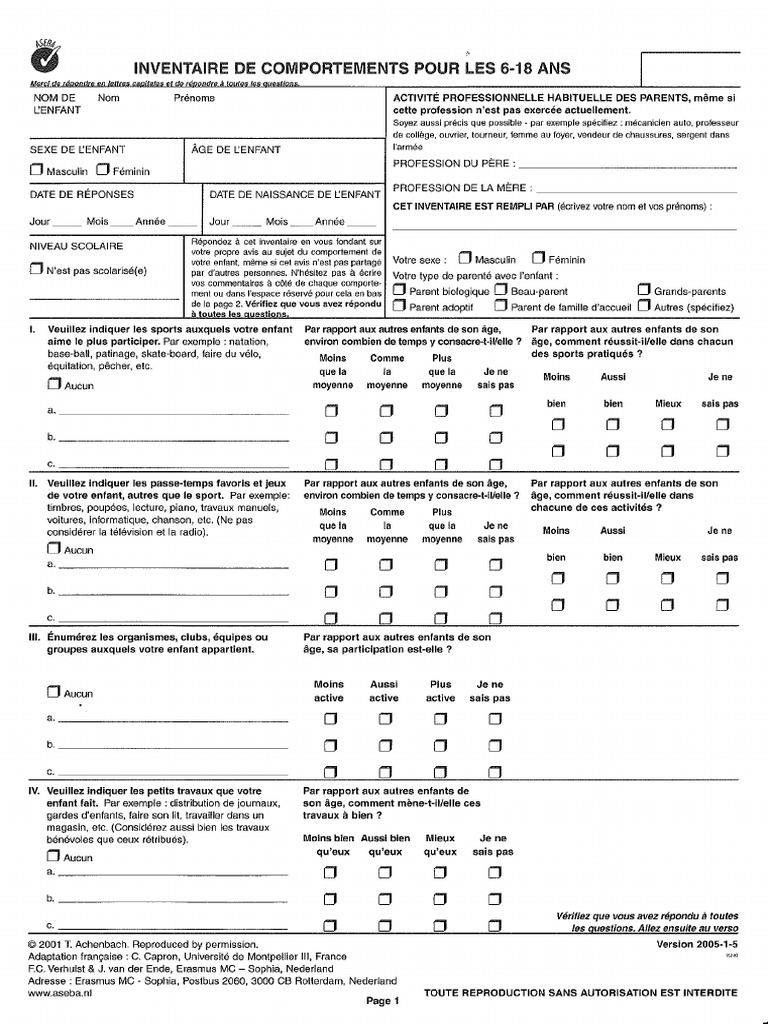 CBCL 6-18 (Feuilles de Passation) | PDF