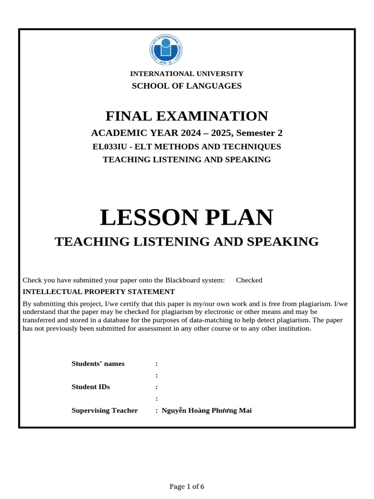 ELT Lesson Plan: Teaching Listening & Speaking | PDF | Teachers | Learning