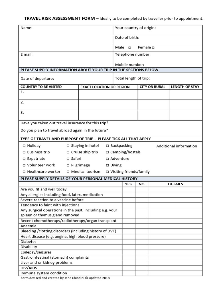 Travel Risk Assessment Form | PDF | Immunology | Medicine