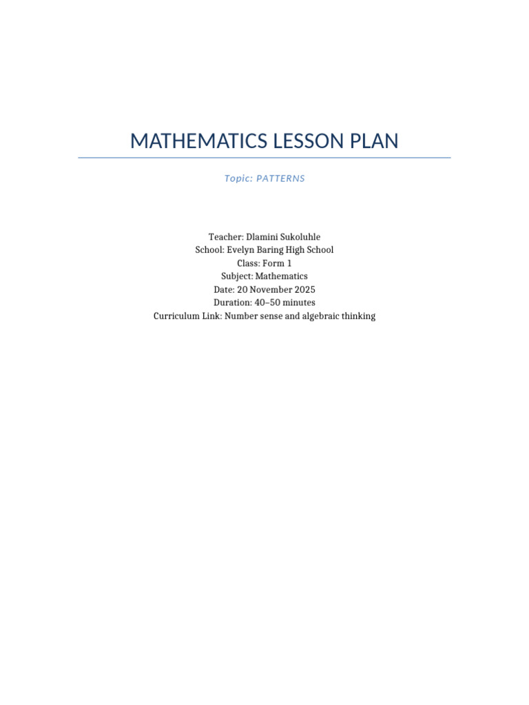 Form 1 Mathematics Lesson on Patterns | PDF | Lesson Plan | Mathematics