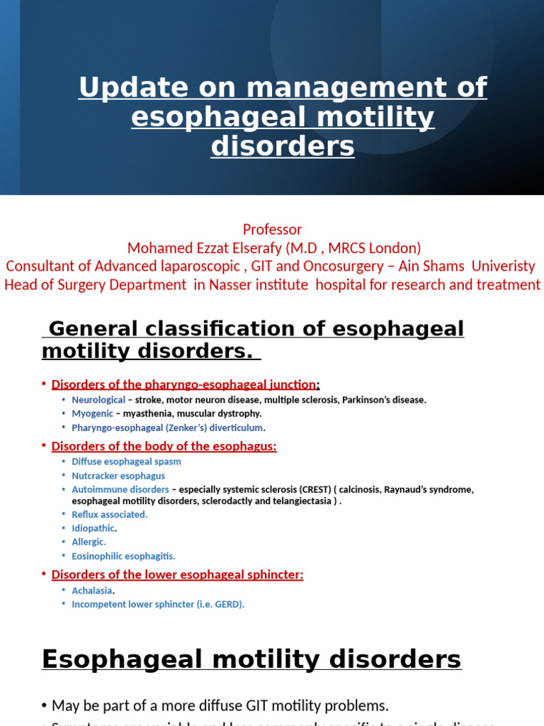 Esophageal Motility Disorders Overview | PDF | Esophagus | Diseases And ...