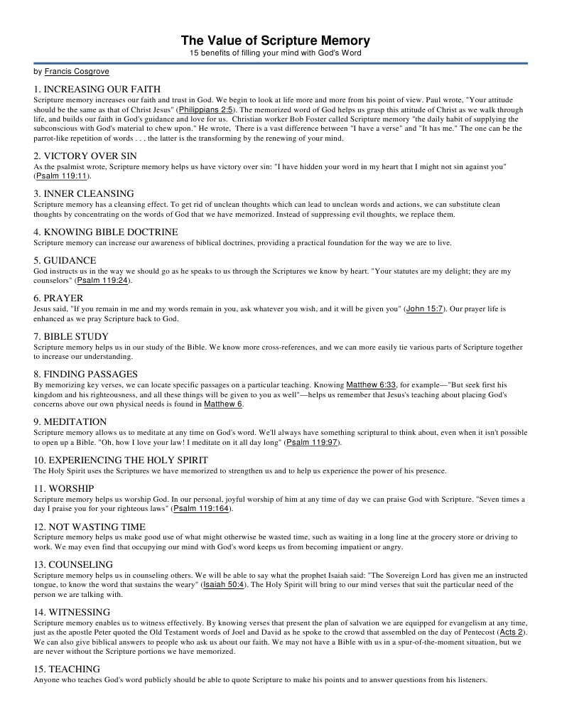 Benefits of Scripture Memory | PDF | Righteousness | Bible