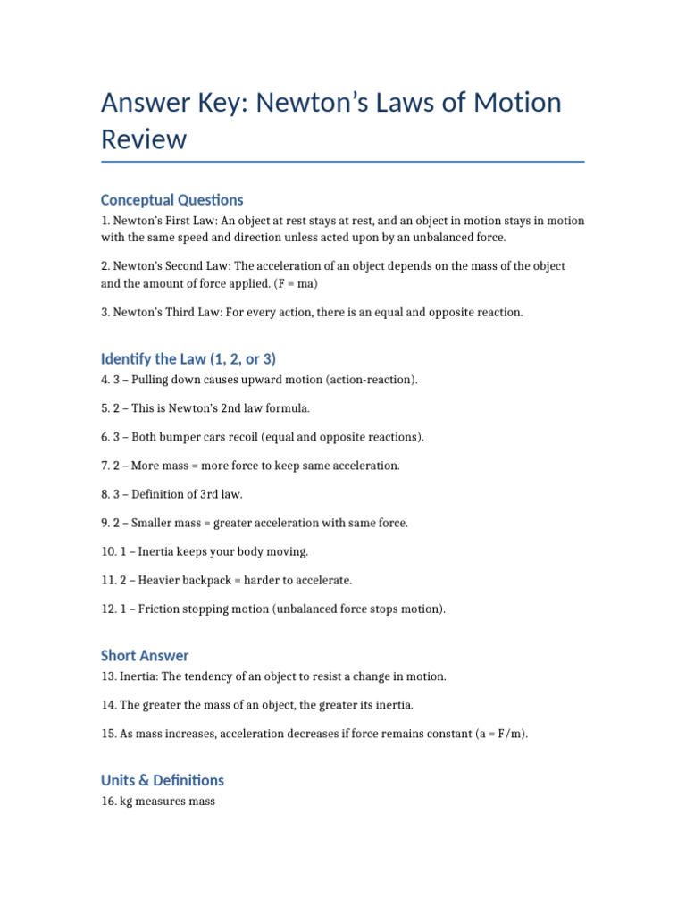 Newton's Laws of Motion Answer Key | PDF