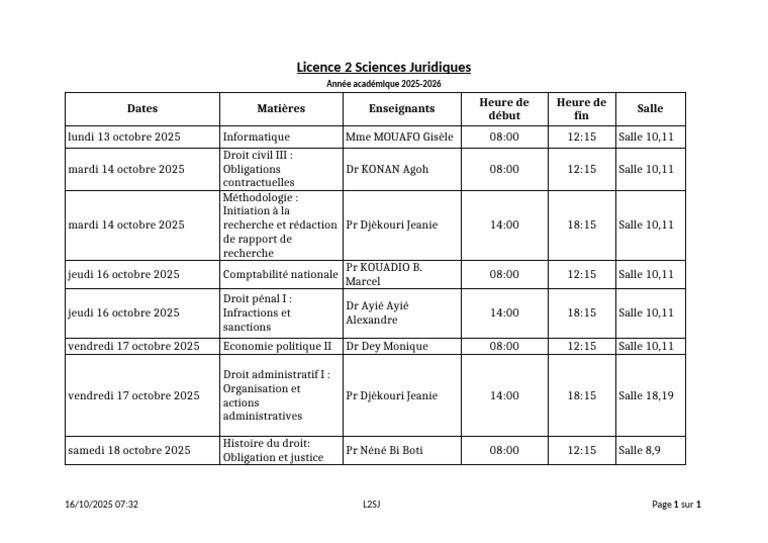 Emploi du temps Licence 2 Sciences Juridiques | PDF