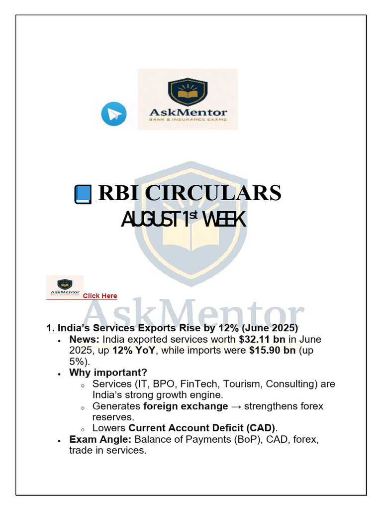 RBI Circulars Summary: August 2025 | PDF | Reserve Bank Of India ...