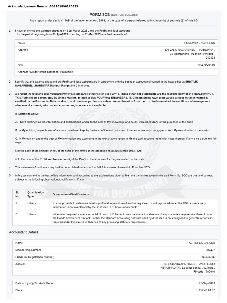 Form 3cb-3cd Form Ay2023-24 | PDF | Payments | Expense