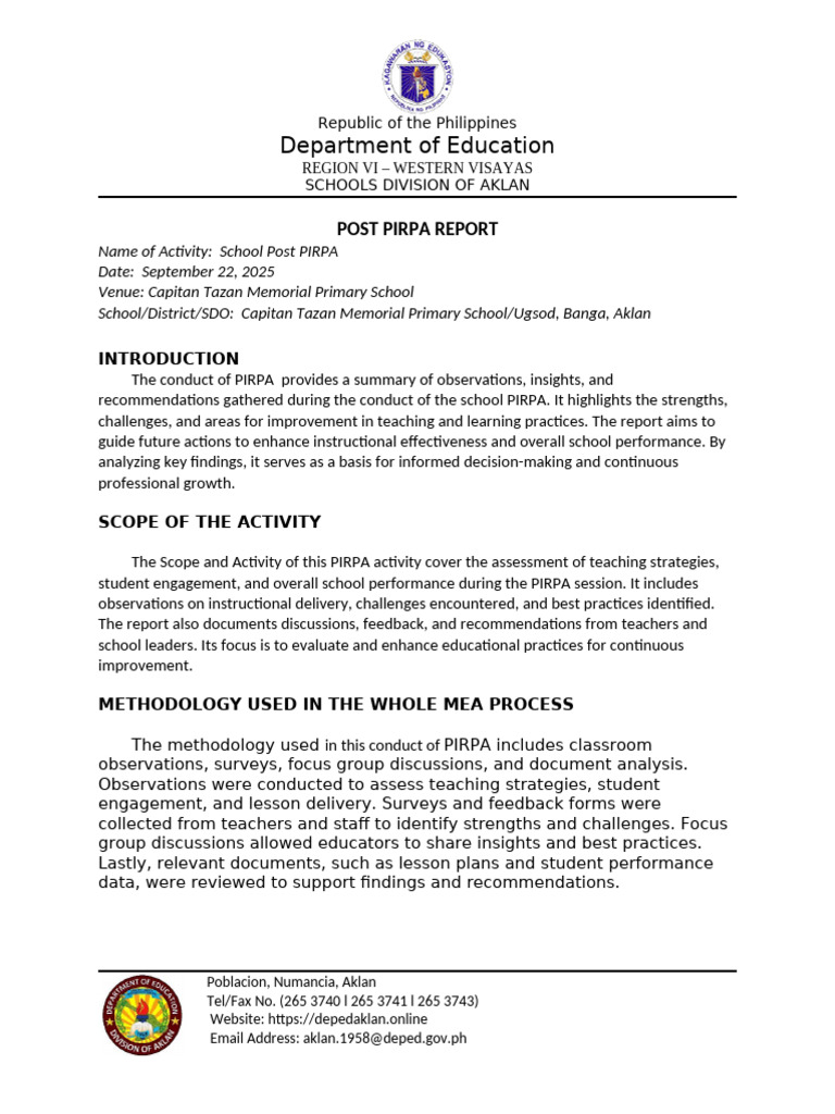 Aklan School PIRPA Report 2025 | PDF | Behavior Modification | Teaching