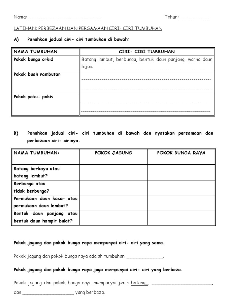 Banding Beza Tumbuhan Dalam Jadual