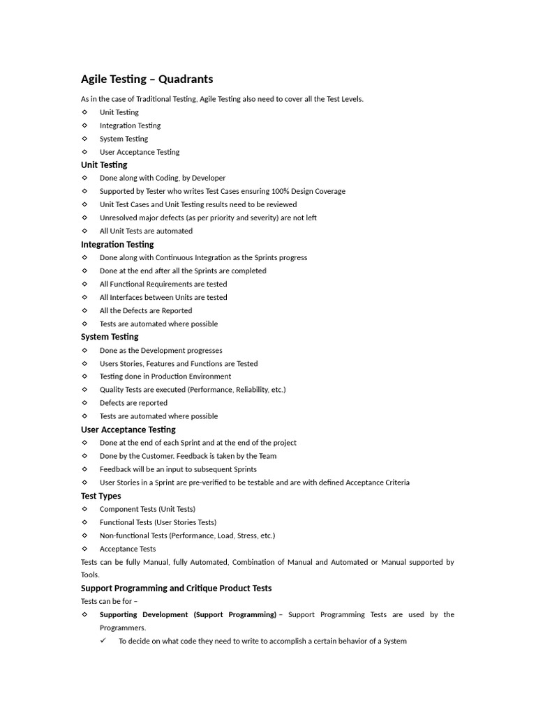 Agile Testing Quadrants Overview | PDF | Software Testing | Unit Testing