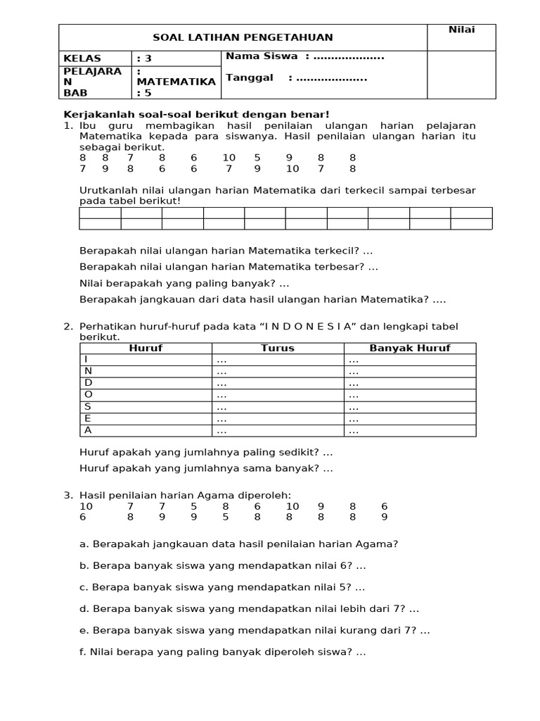 Soal Matematika Kelas 3 Bab 5 | PDF