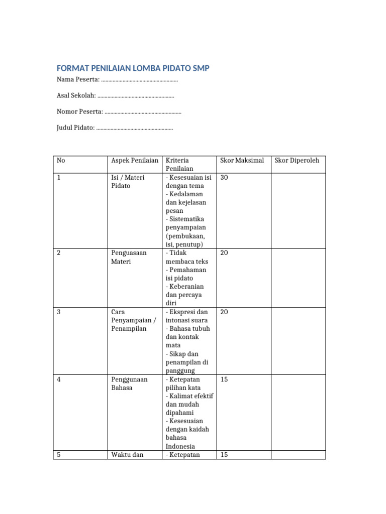 Format Penilaian Lomba Pidato SMP | PDF