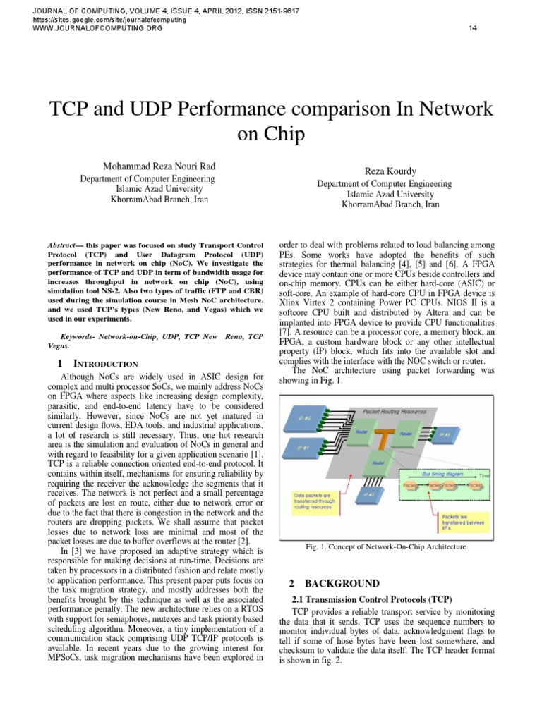 TCP and UDP Performance Comparison in Network On Chip | PDF ...