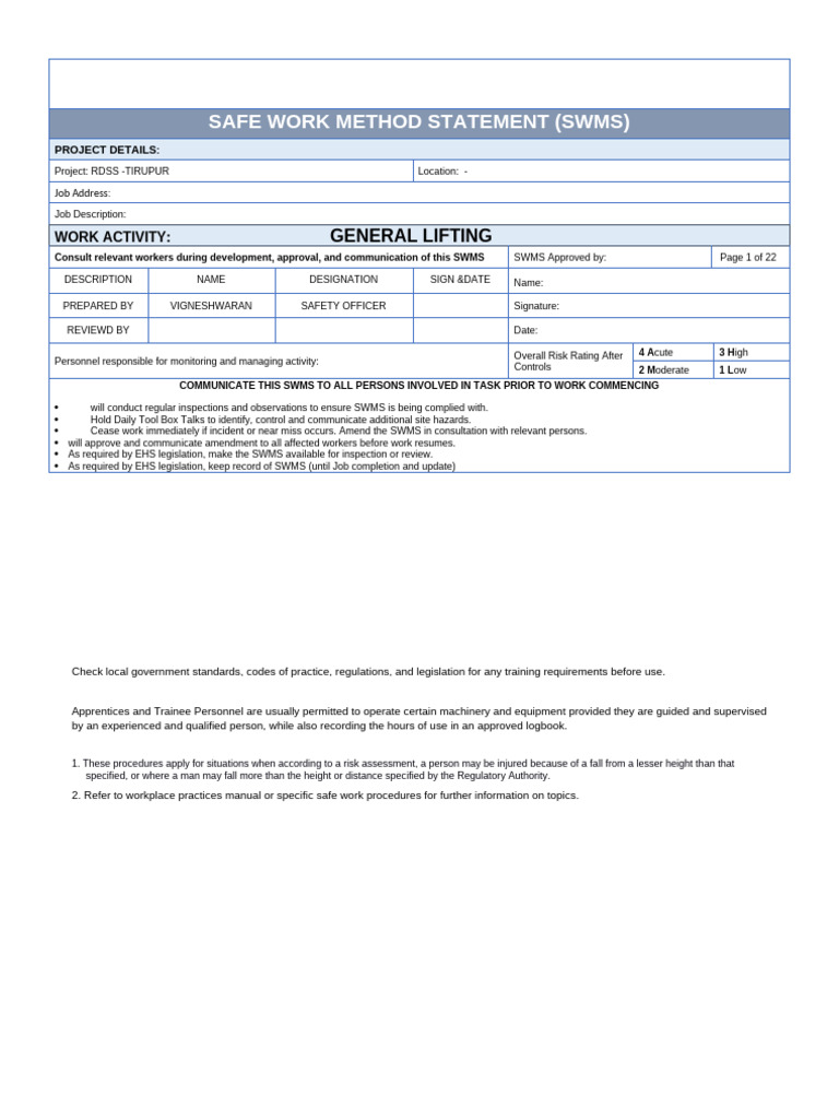 SWMS for General Lifting Operations | PDF | Personal Protective ...