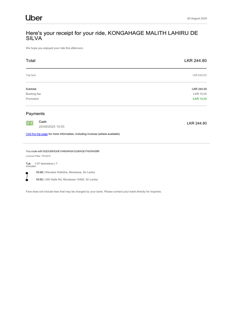 Tuk Ride Receipt - Moratuwa, Sri Lanka | PDF