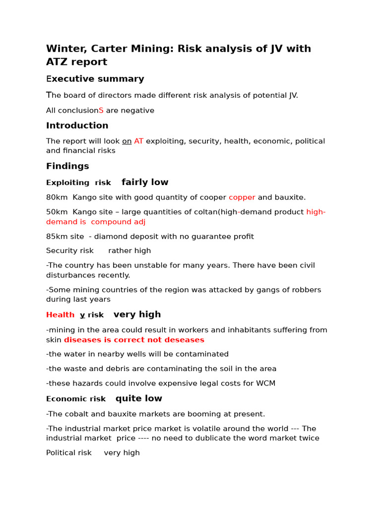 Winter Carter Mining JV Risk Analysis Report | PDF