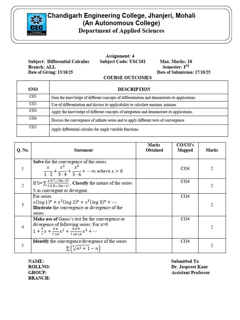 Differential Calculus Assignment 4 | PDF | Calculus | Differential Calculus