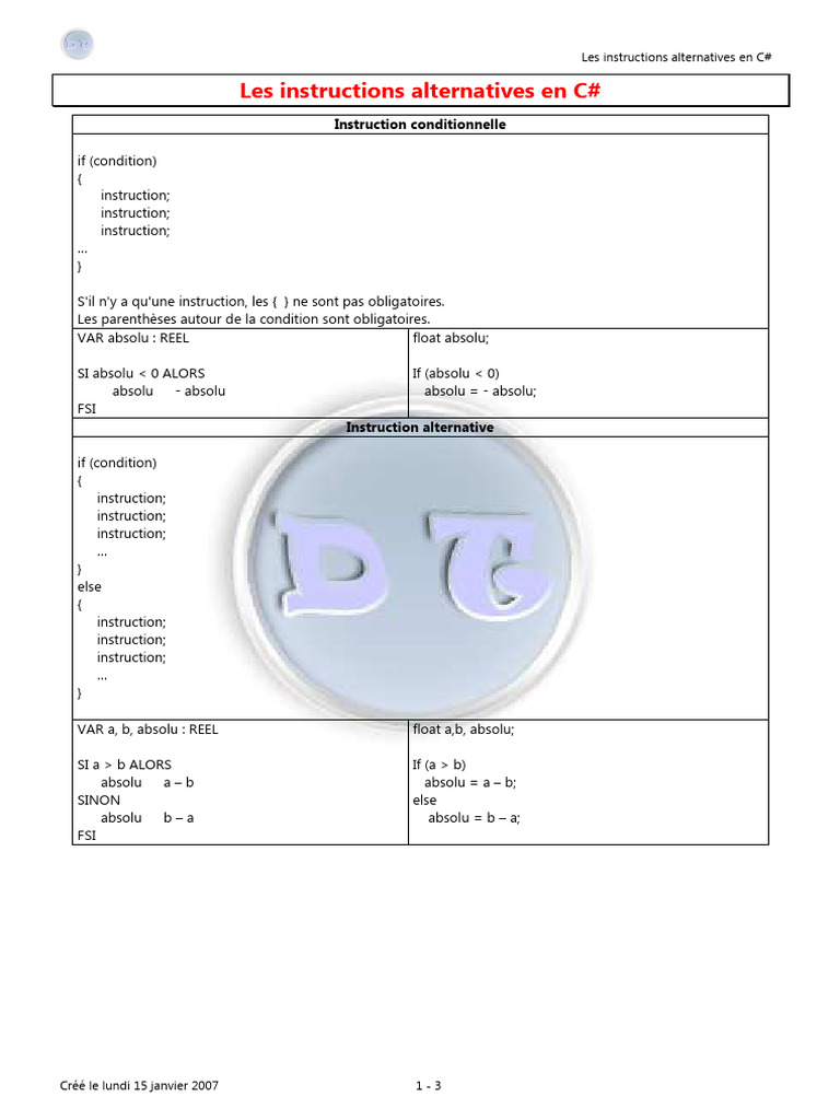 Instructions alternatives en C# | PDF | Programmation informatique ...