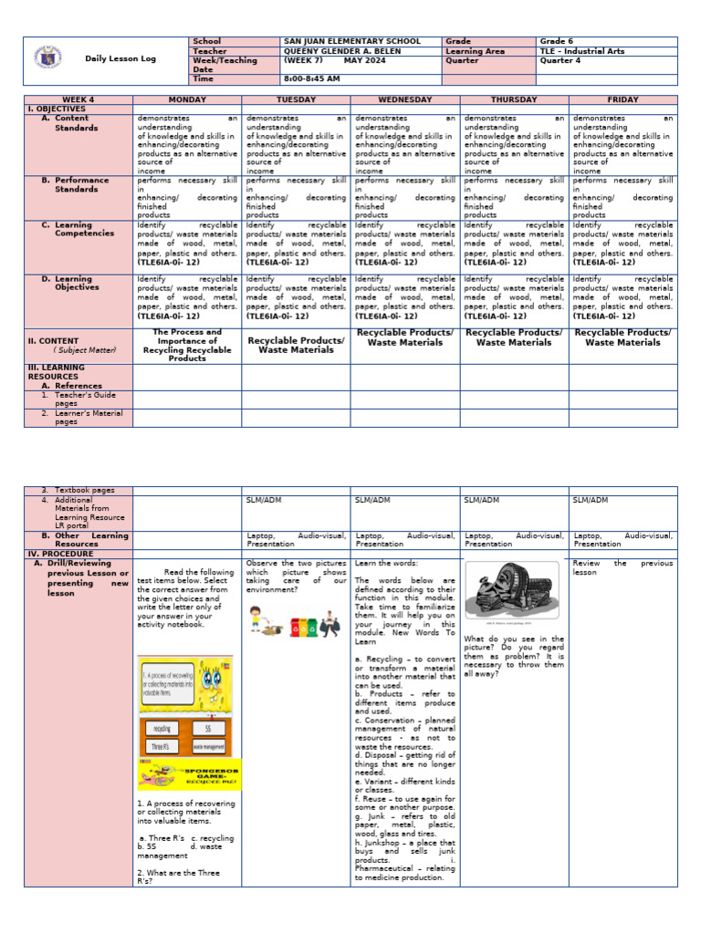 Grade 6 TLE Recycling Lesson Plan | PDF | Recycling | Waste