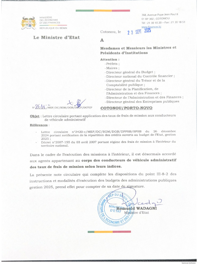 Circulaire Corrigeant La Disparité Des Frais de Mission CVA | PDF