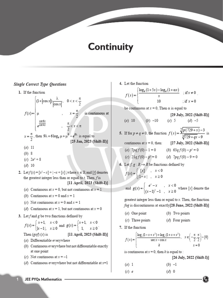 Continuity: Single Correct Type Questions | PDF | Function (Mathematics ...