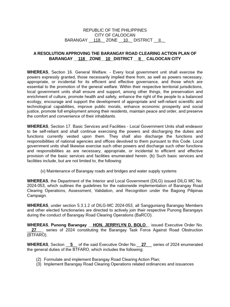 Barangay Road Clearing Resolution 2024 | PDF | Government | Justice