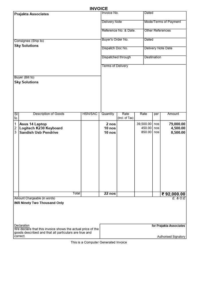 Invoice for Sky Solutions Purchase | PDF
