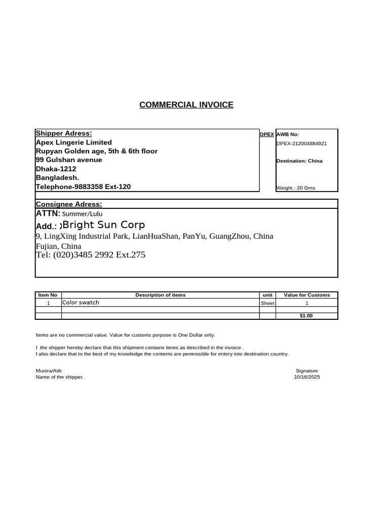 Commercial Invoice for Apex Lingerie | PDF