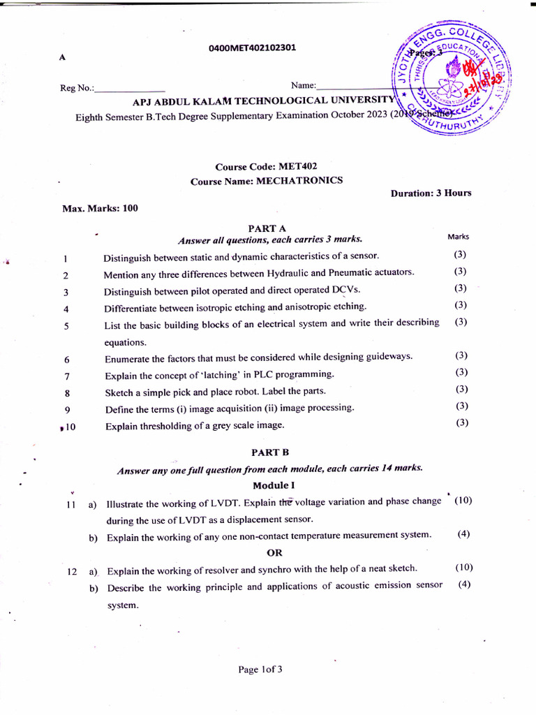 Mechatronics Exam Questions October 2023 | PDF | Mechanical Engineering ...