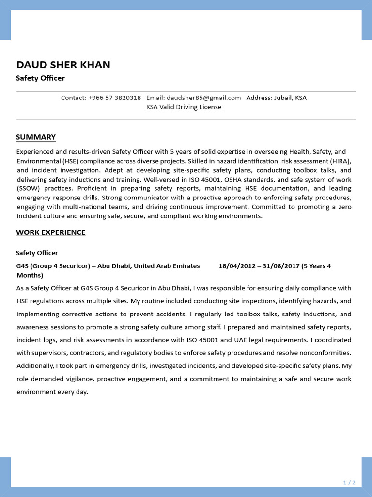 Safety Officer Resume - HSE Expertise | PDF | Occupational Safety And ...