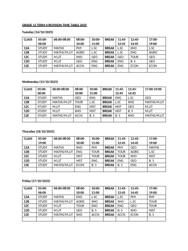 Grade 12 Revision Timetable 2025 | PDF