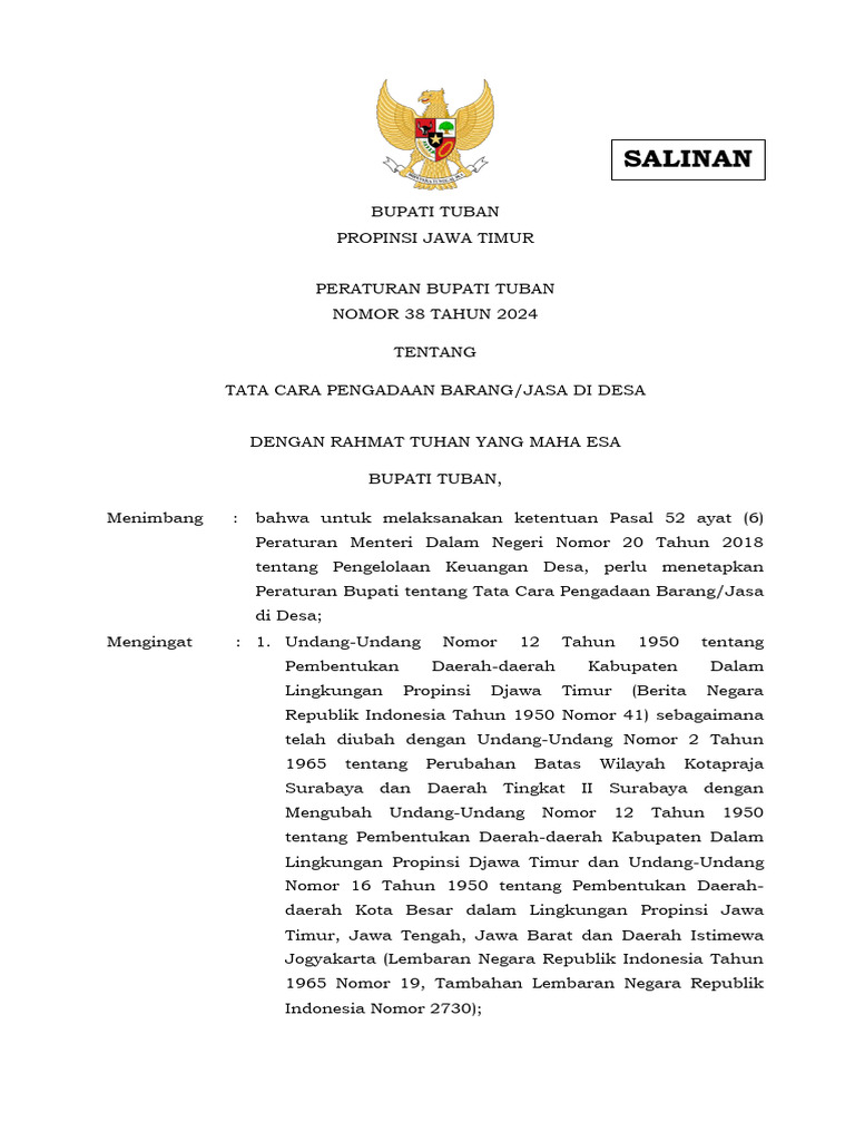 Perbup 38 - 2024 - Tata Cara Pengadaan Barang&Jasa Di Desa | PDF
