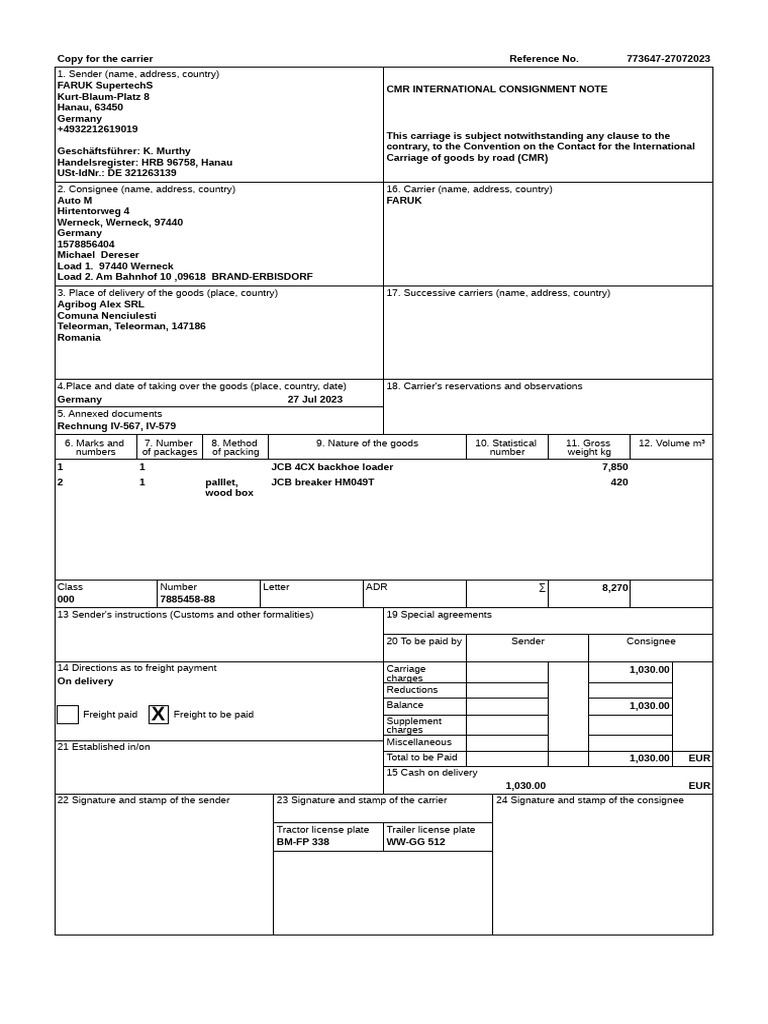 CMR - International Consignment Note (Carrier) | PDF | Cargo
