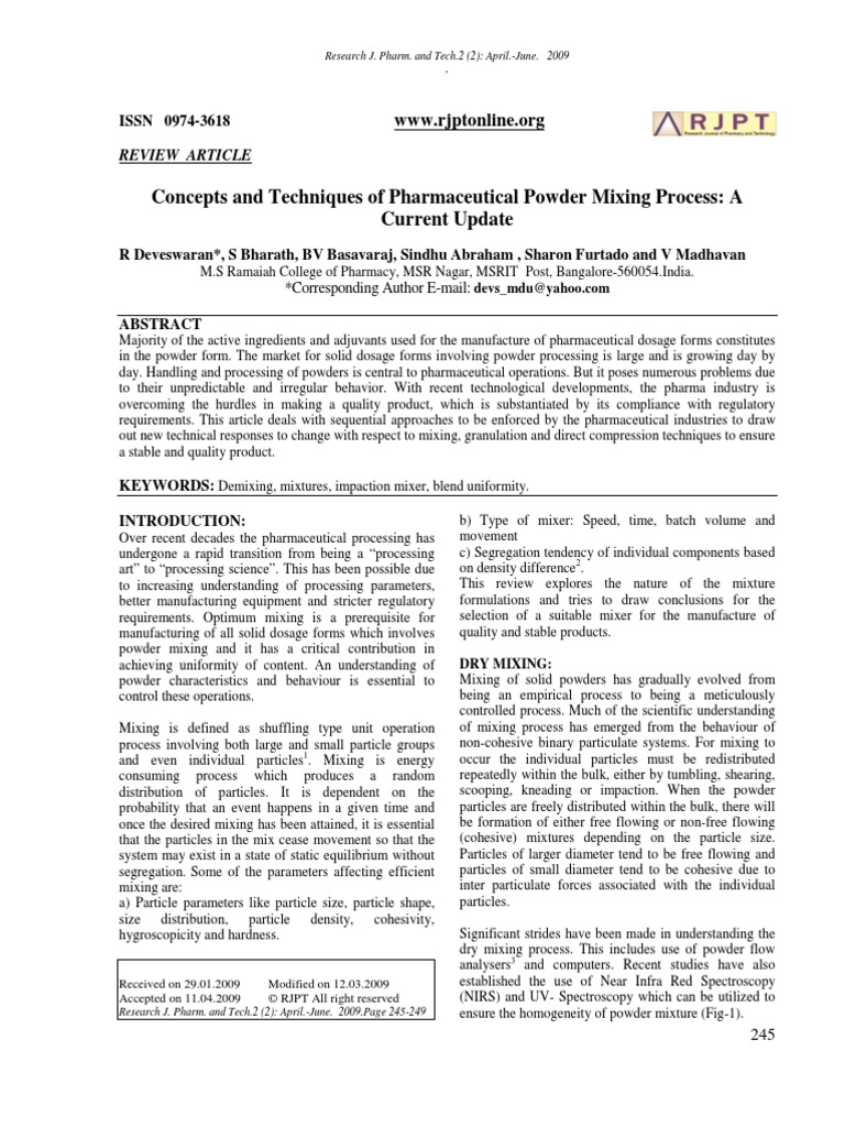 Concepts and Techniques of Pharmaceutical Powder Mixing Process A