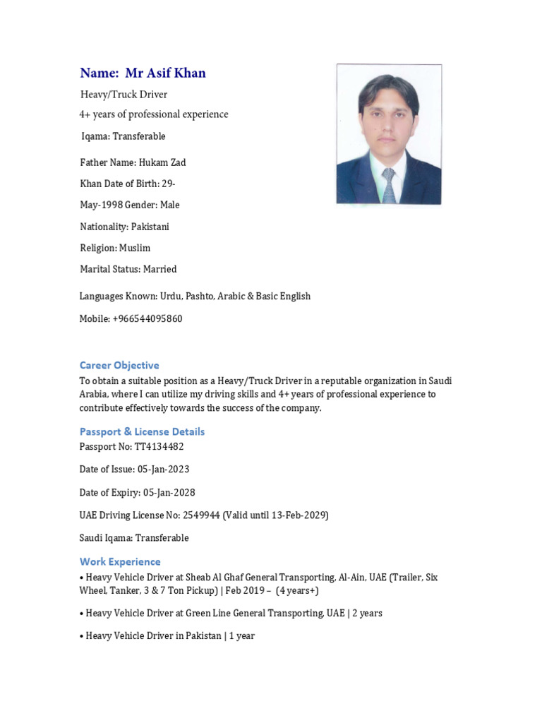 Asif Khan: Experienced Truck Driver | PDF