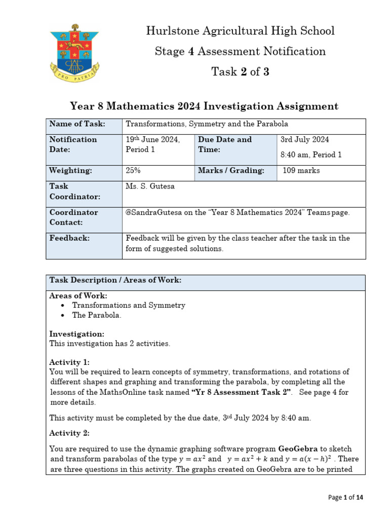 2024 Year 8 Task 2 Notification and Investigation | PDF | Mathematics ...