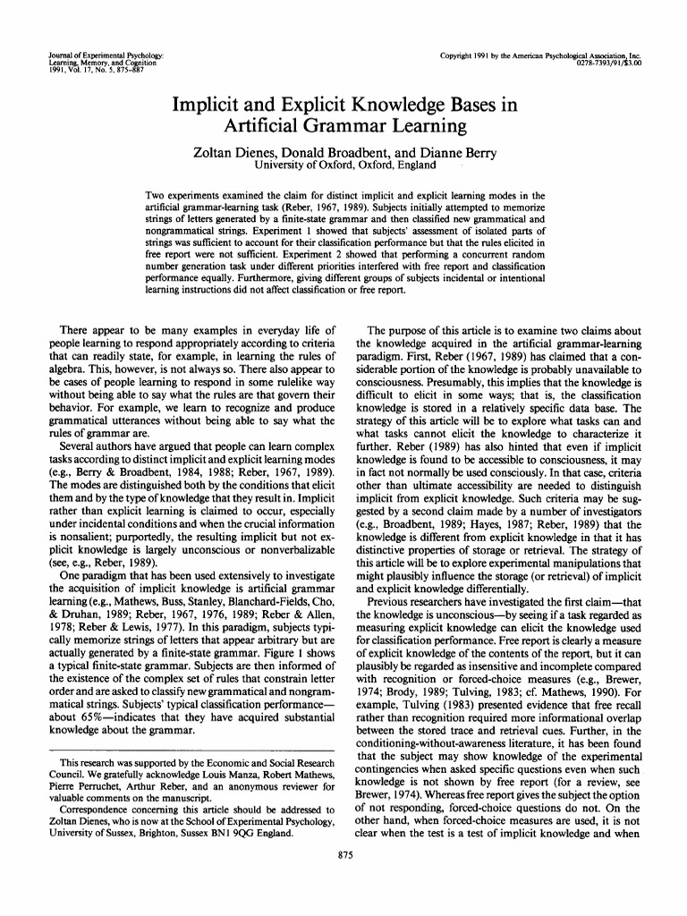 Implicit vs. Explicit Learning in Grammar | PDF | Cognitive Science ...