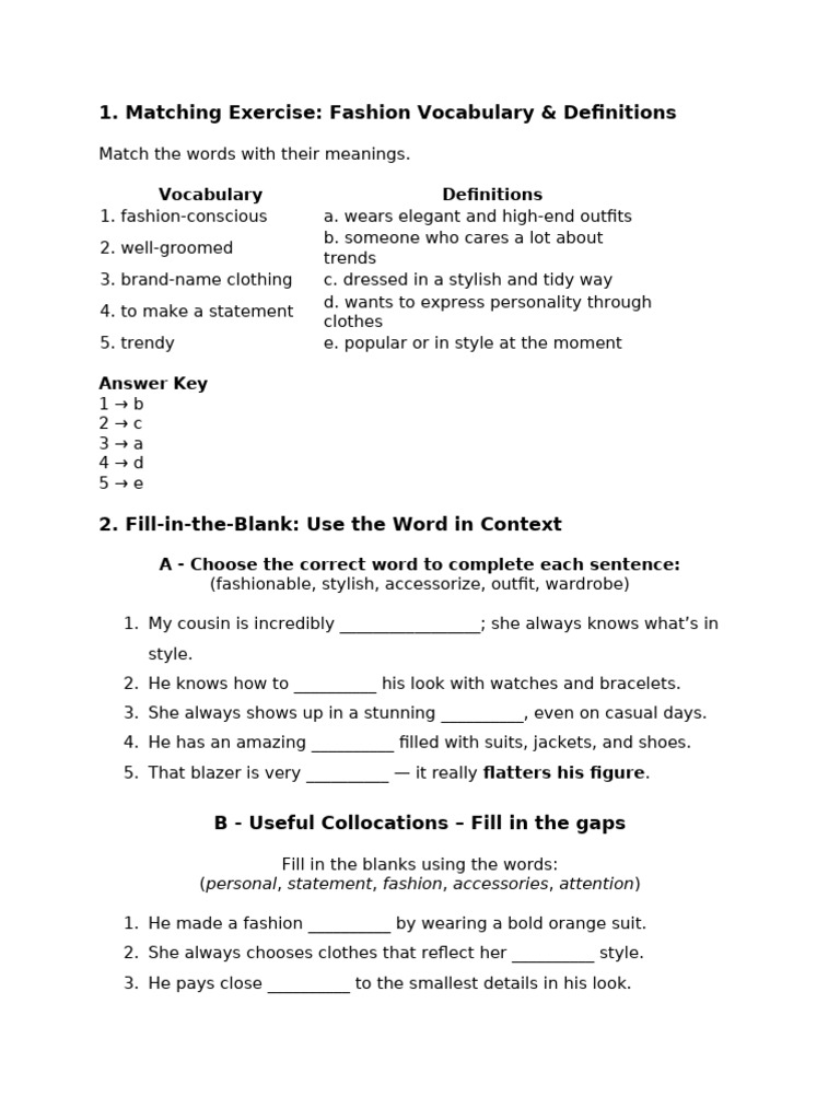 Fashion Vocabulary Matching Exercise | PDF | Fashion | Clothing