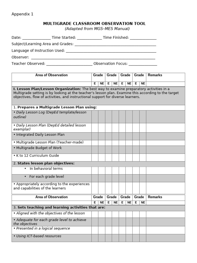Multigrade Classroom Observation Tool | PDF | Lesson Plan | Learning